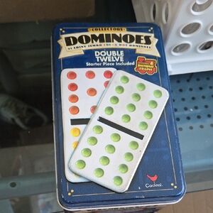 Cardinal Double Twelve Color Dot Dominoes - Blue Tin with Green and Red Dots